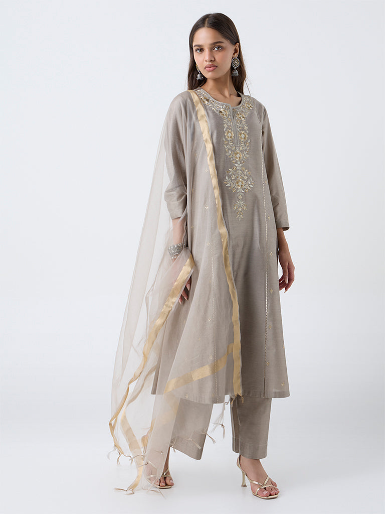 Vark Light Taupe Floral Embroidered A-Line Ethnic Set