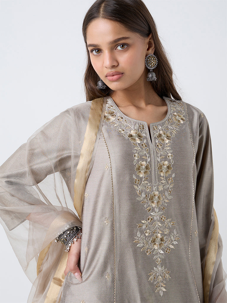 Vark Light Taupe Floral Embroidered A-Line Ethnic Set