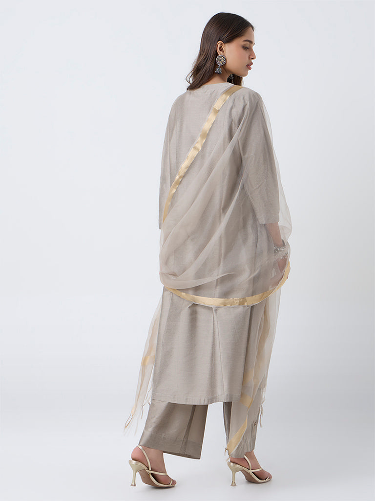 Vark Light Taupe Floral Embroidered A-Line Ethnic Set