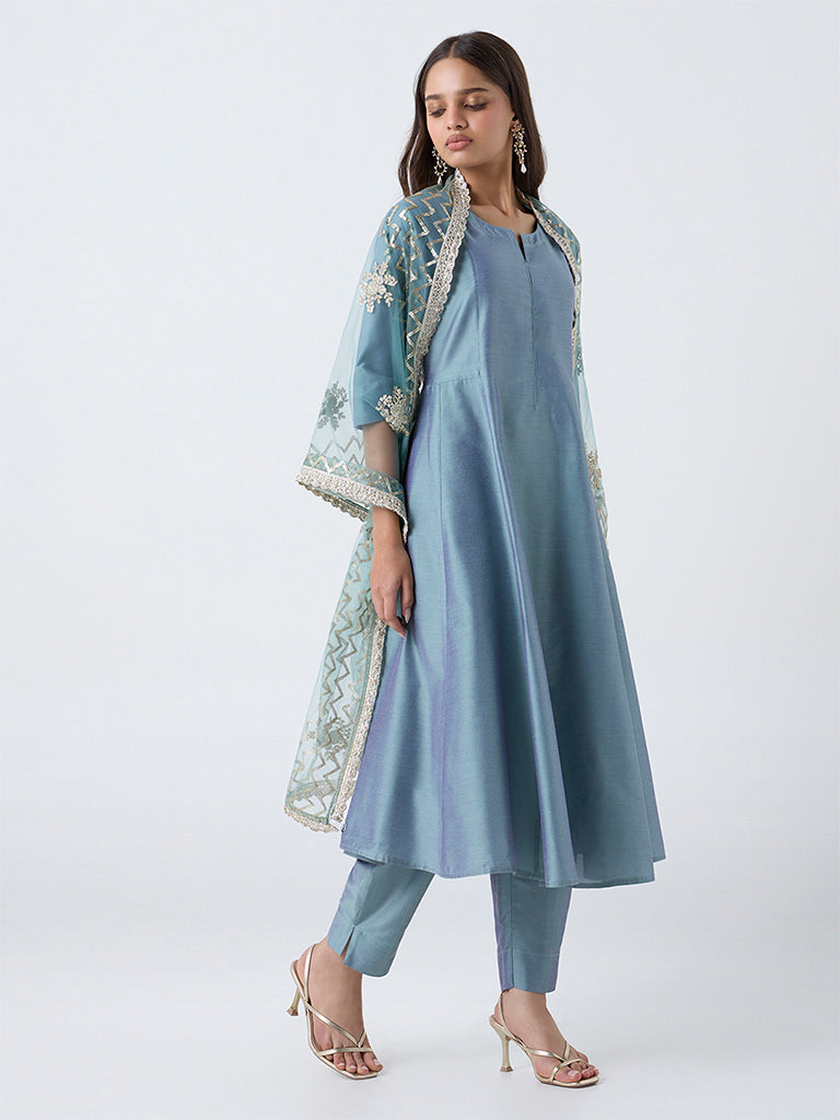 Vark Dusty Blue Anarkali Ethnic Set