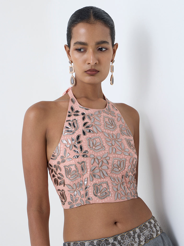 Vark Pink Embroidered Halter-Neck Top