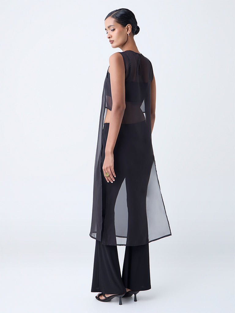 Vark Black Embellished Sheer Kurta with Inner