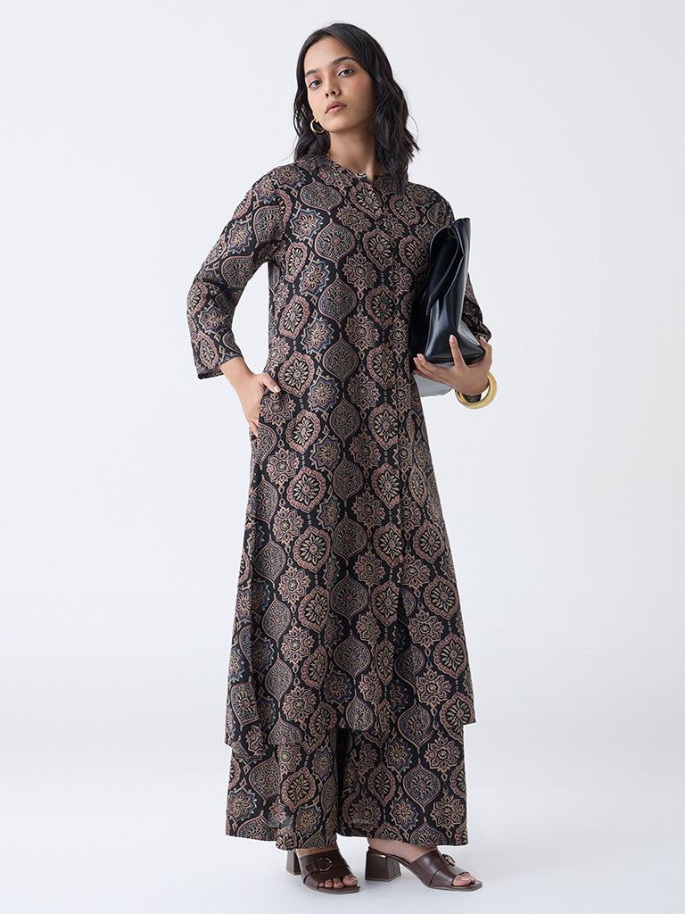 Utsa Black Argyle Printed A-Line Kurta
