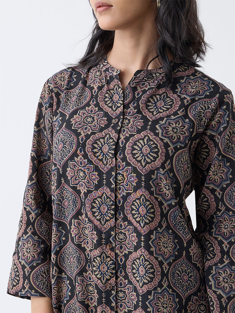Utsa Black Argyle Printed A-Line Kurta