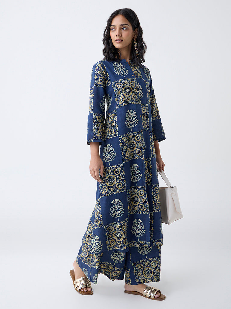 Utsa Blue Printed A-Line Kurta