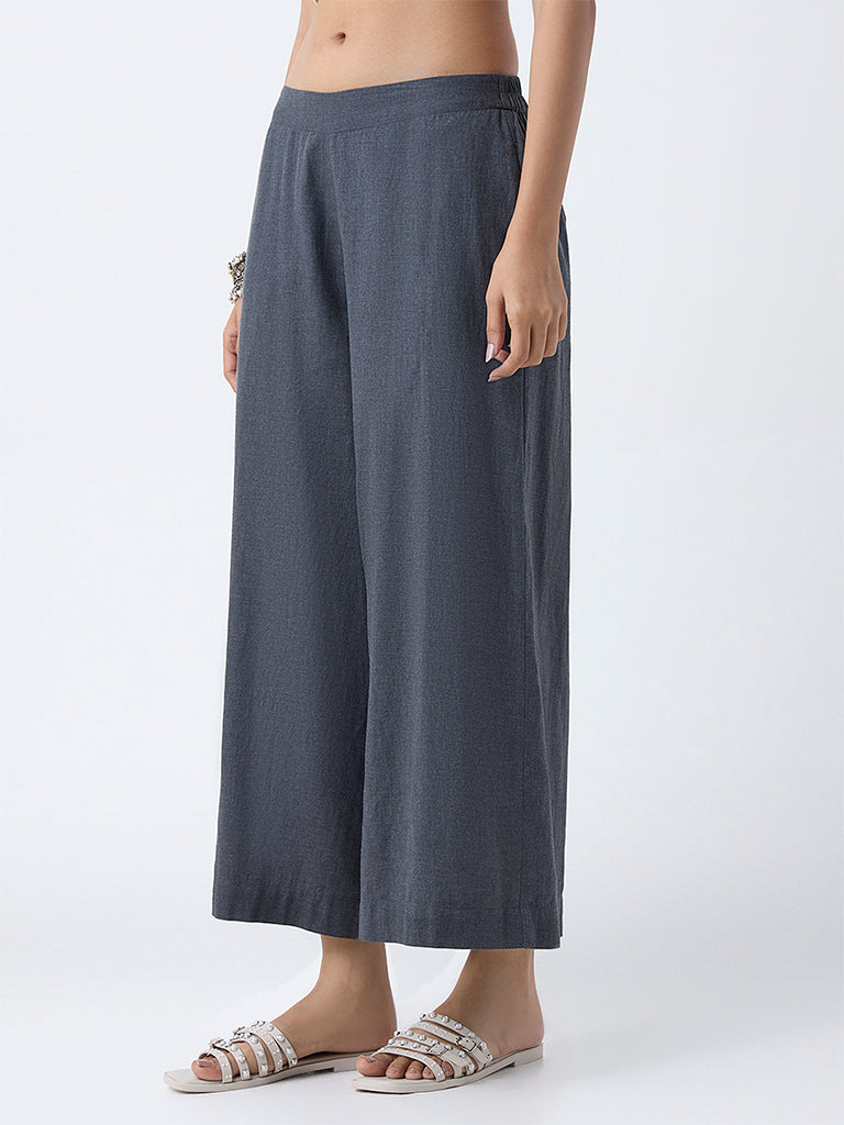 Utsa Charcoal Solid Cotton Palazzos