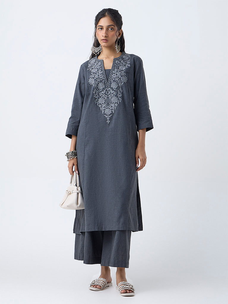 Utsa Charcoal Solid Cotton Palazzos