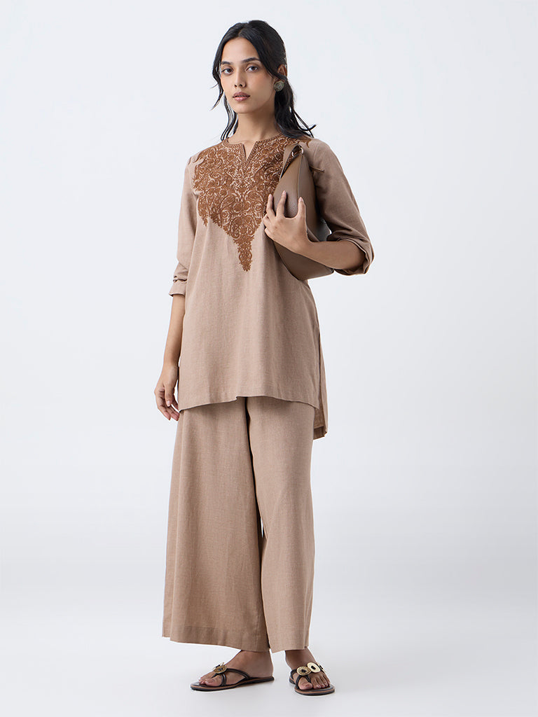 Utsa Light Brown Solid Cotton Palazzos