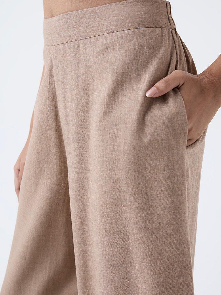 Utsa Light Brown Solid Cotton Palazzos