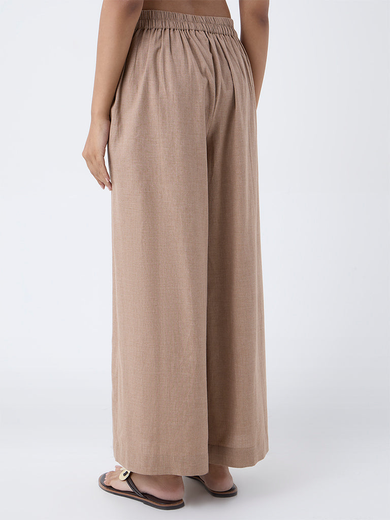 Utsa Light Brown Solid Cotton Palazzos