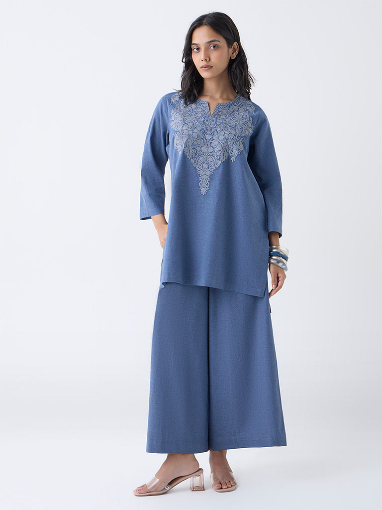 Utsa Dusty Blue Solid Cotton Palazzos