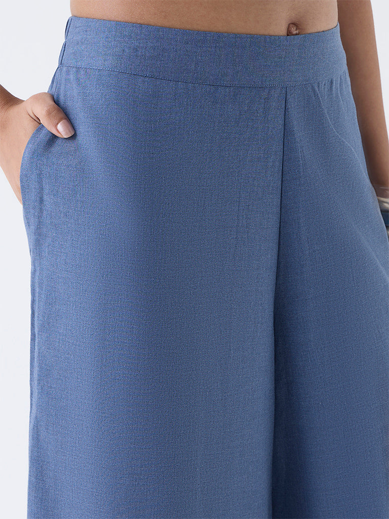 Utsa Dusty Blue Solid Cotton Palazzos