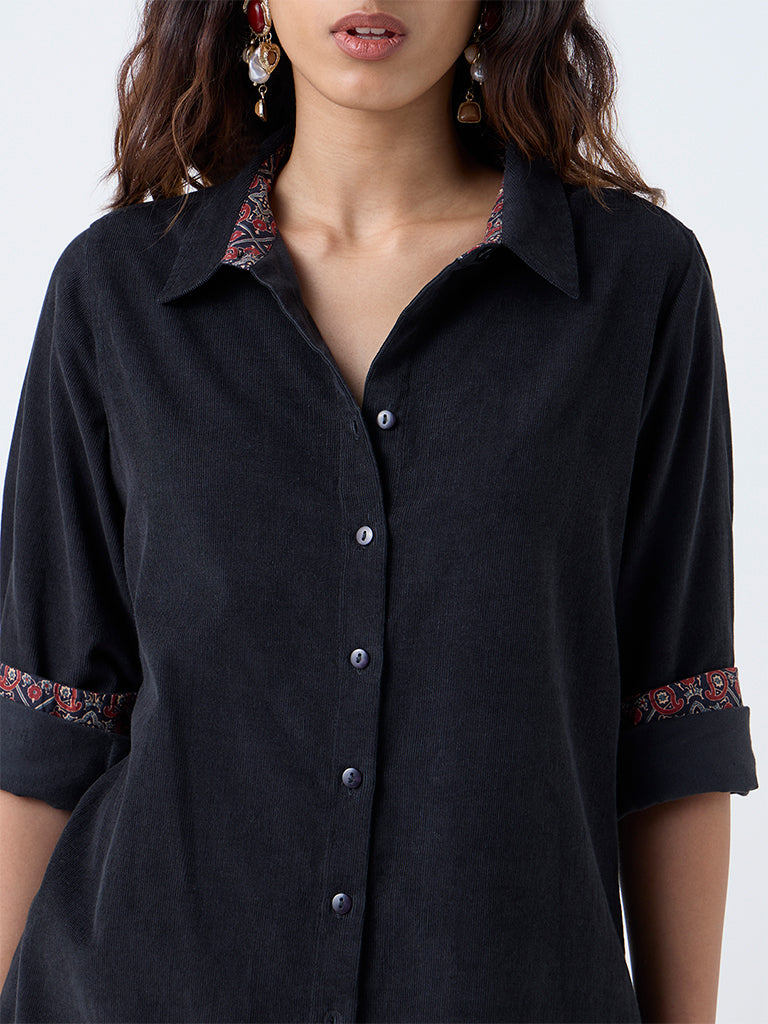 Utsa Black Corduroy Cotton Tunic