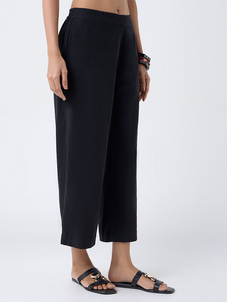 Utsa Black Corduroy Cotton Palazzos