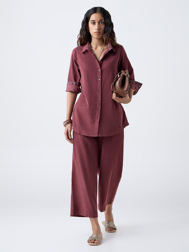 Utsa Maroon Corduroy Cotton Palazzos
