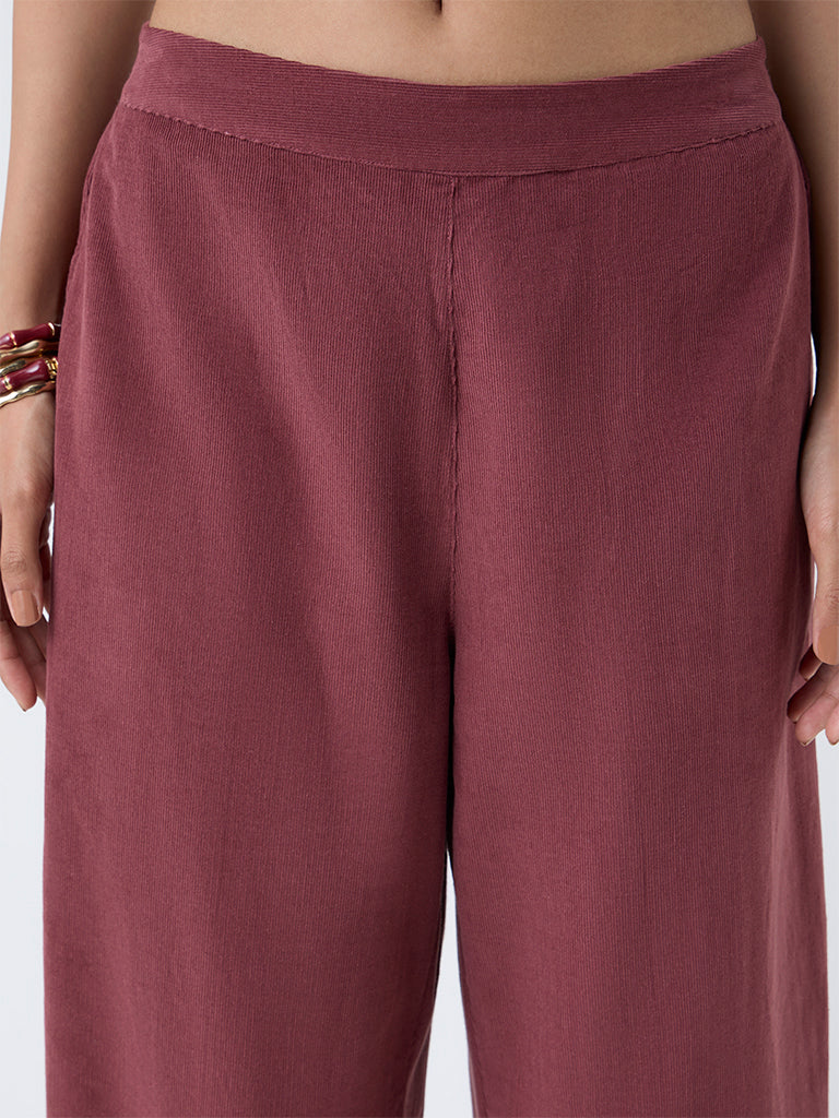Utsa Maroon Corduroy Cotton Palazzos