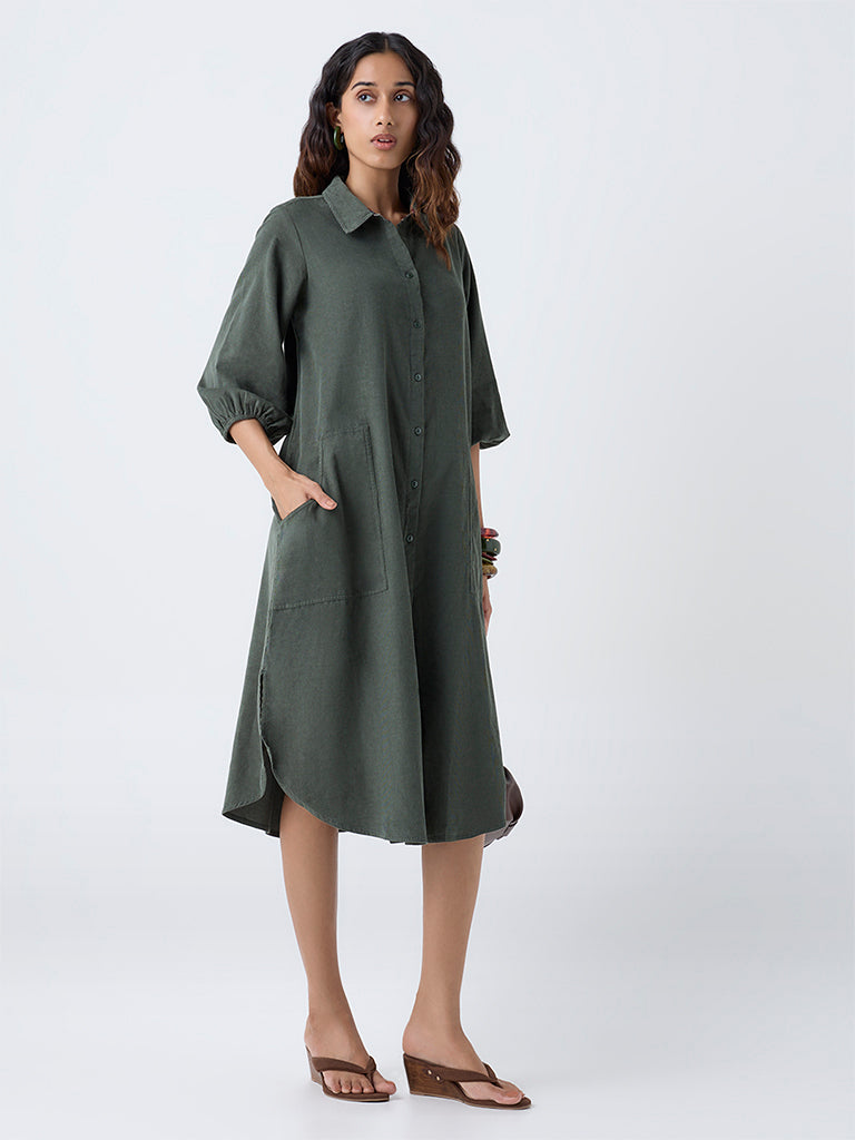 Utsa Olive Corduroy Shirt Dress