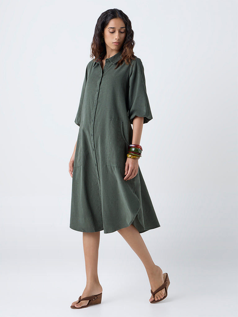 Utsa Olive Corduroy Shirt Dress