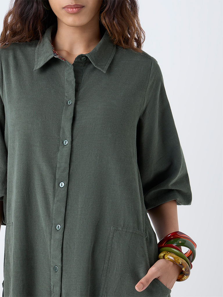 Utsa Olive Corduroy Shirt Dress
