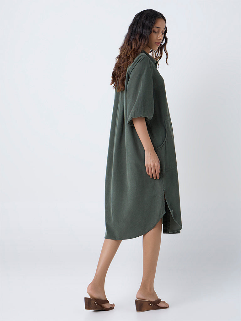 Utsa Olive Corduroy Shirt Dress