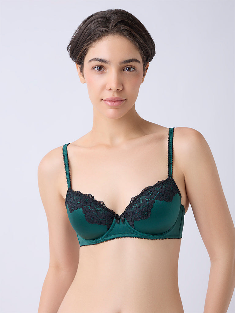 Wunderlove Emerald Green Lace-Detailed Under-Wired Bra