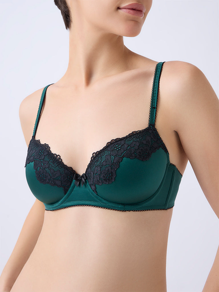 Wunderlove Emerald Green Lace-Detailed Under-Wired Bra