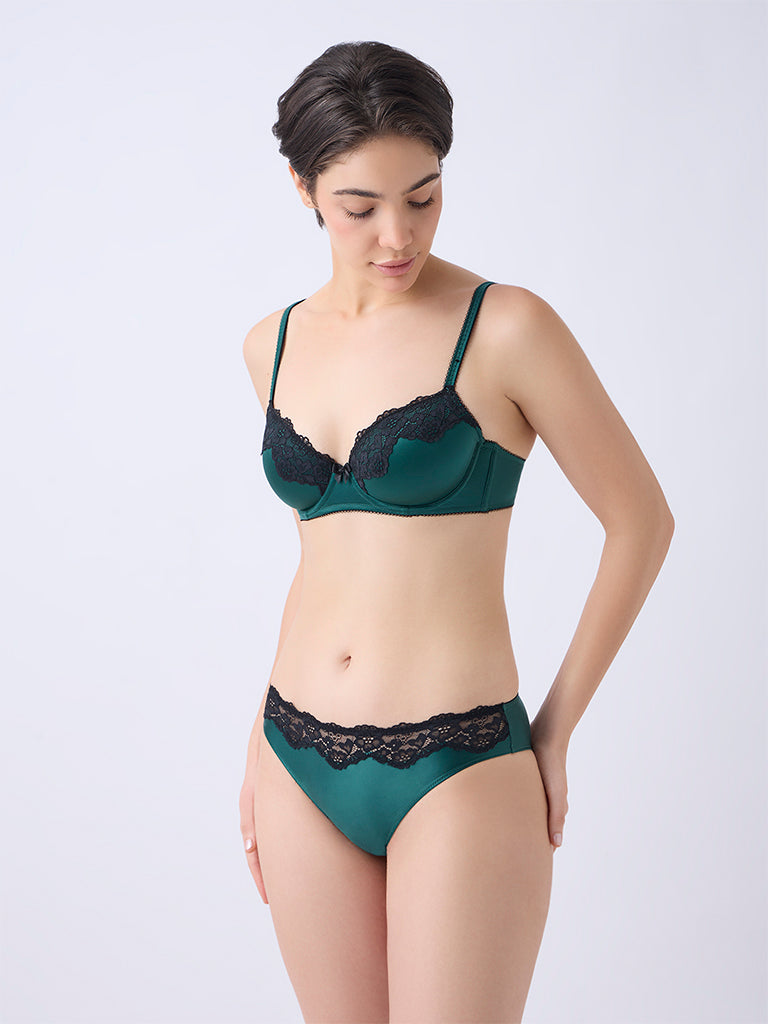 Wunderlove Emerald Green Lace-Detailed Bikini Briefs