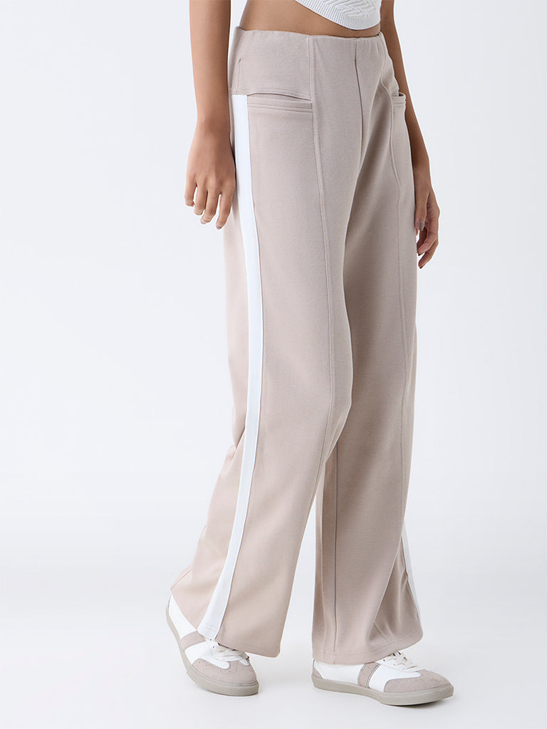 Studiofit Taupe Striped High-Rise Track Pants