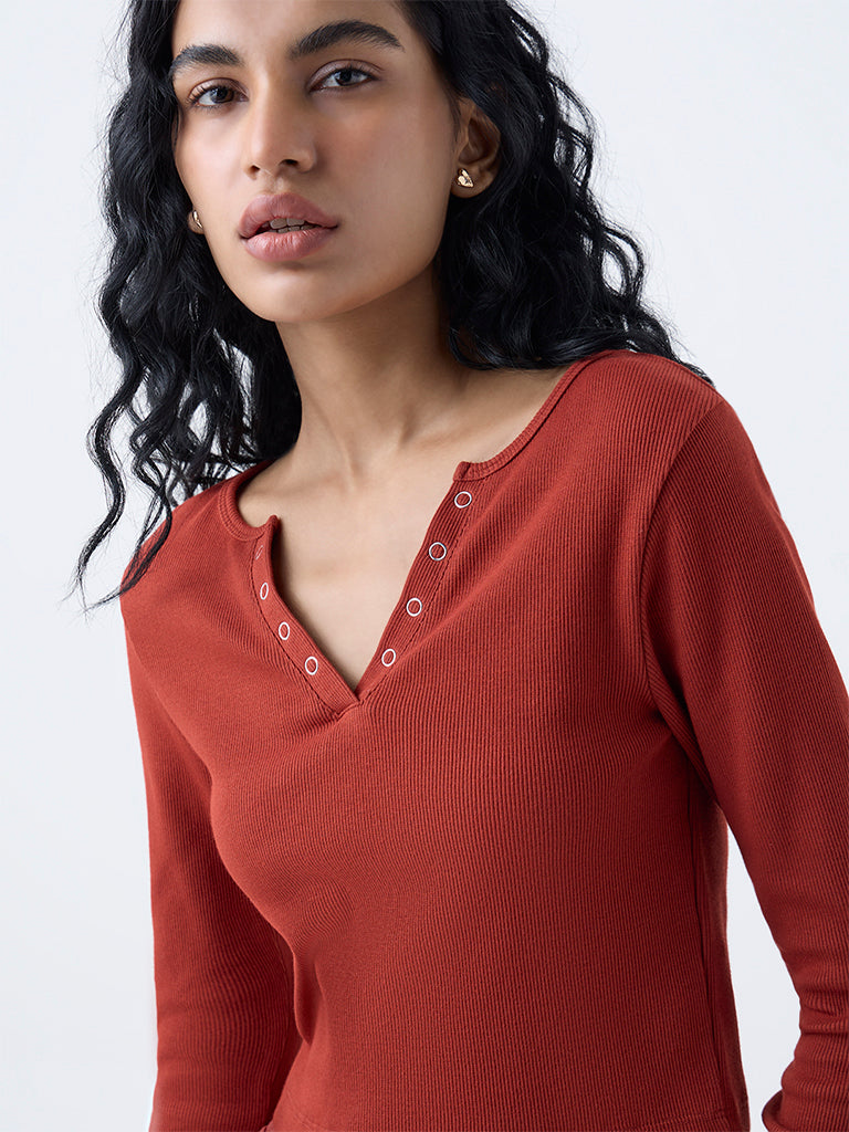 Studiofit Rust Ribbed Cotton-Blend Top