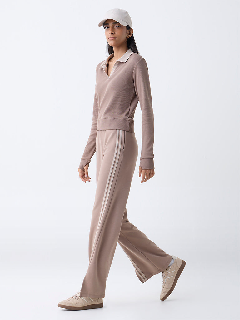Studiofit Taupe Ribbed Cotton-Blend Top