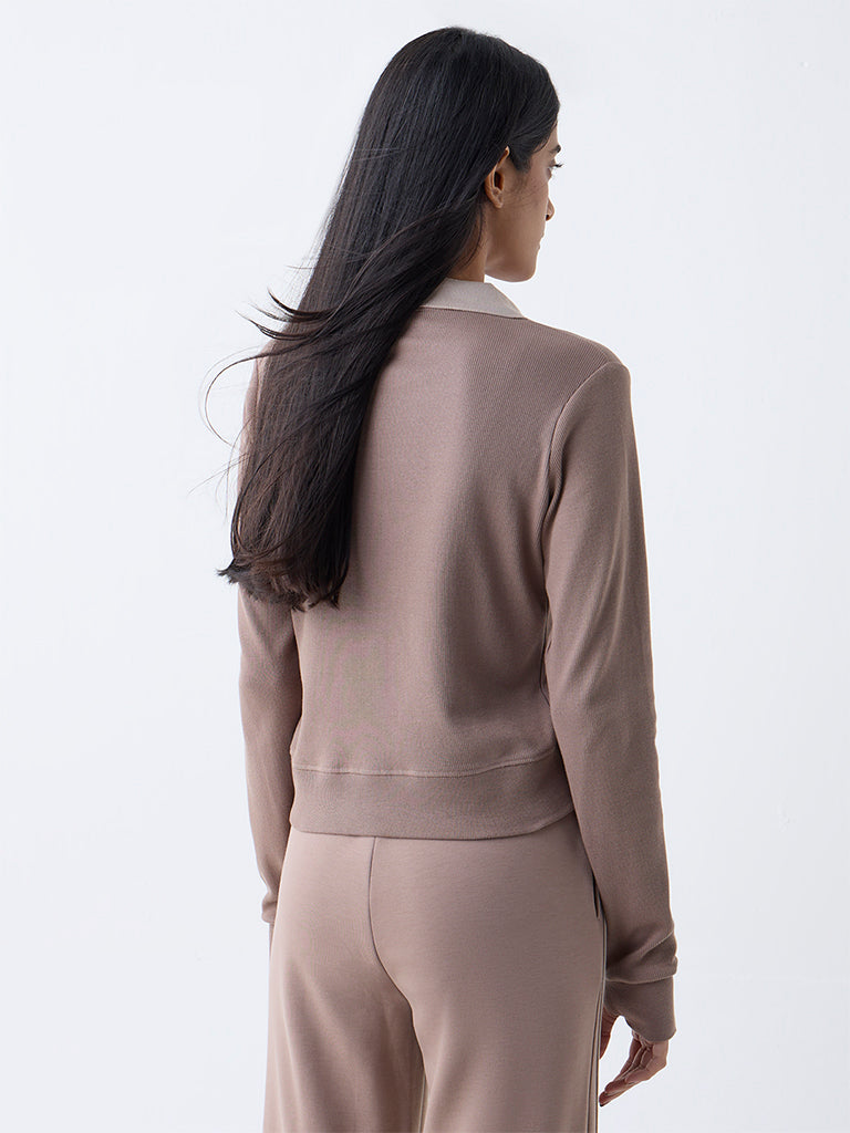 Studiofit Taupe Ribbed Cotton-Blend Top