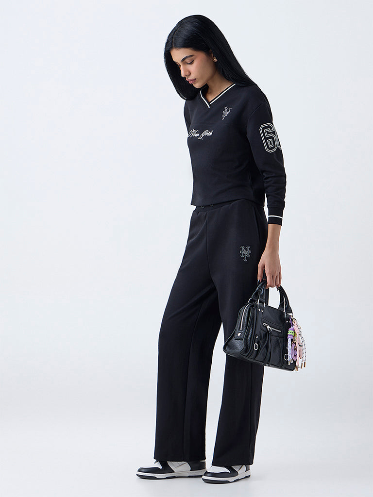 Studiofit Black Text Printed Cotton-Blend T-Shirt