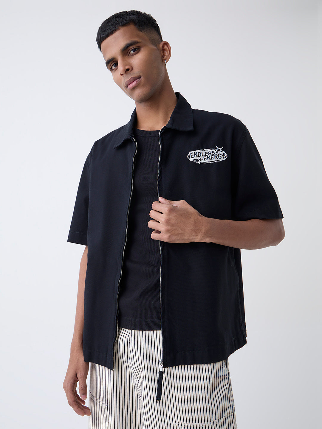Nuon Black Text Design Relaxed-Fit Cotton Jacket
