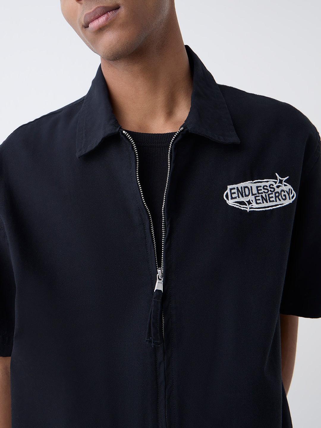 Nuon Black Text Design Relaxed-Fit Cotton Jacket