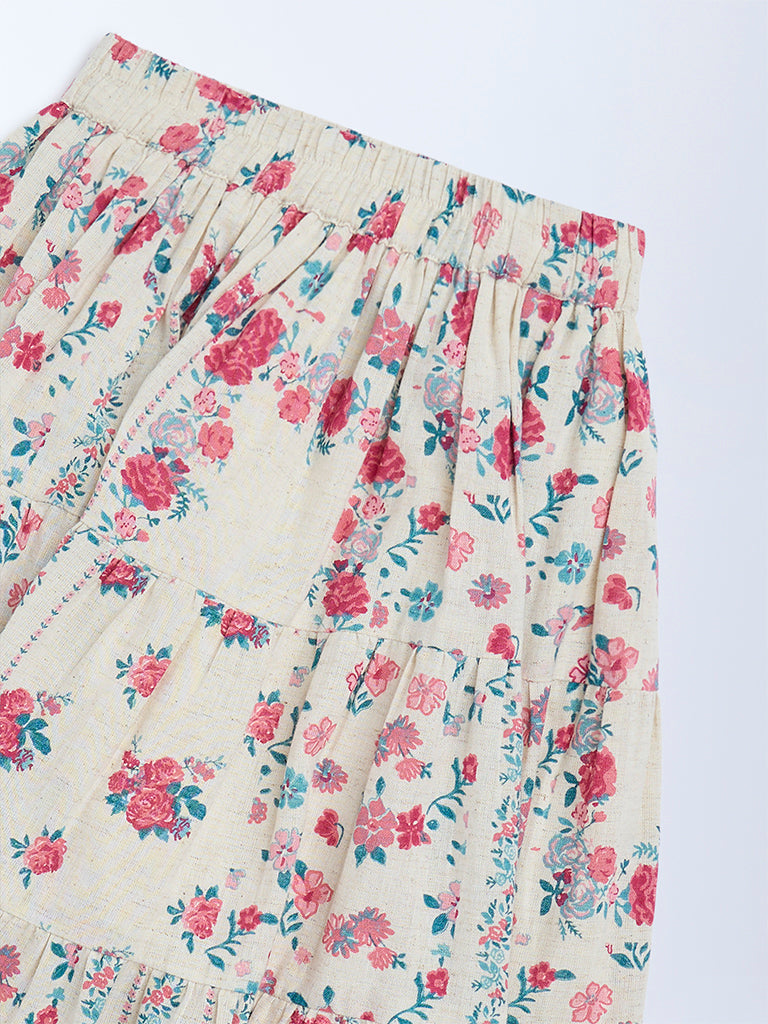 Utsa Kids Girls Off-White Floral Pattern Cotton-Blend Tiered Skirt - (2-8 yrs)