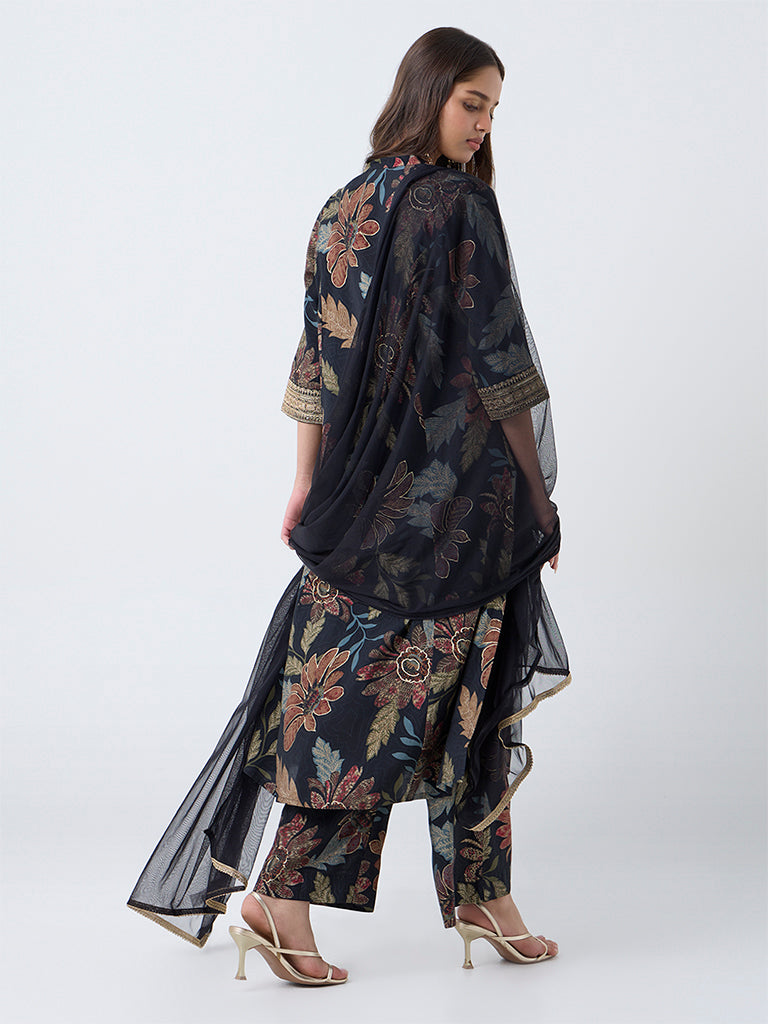Vark Black Floral Pattern A-Line Ethnic Set