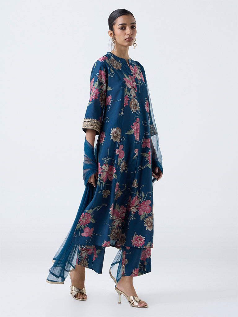 Vark Blue Floral Pattern A-Line Ethnic Set