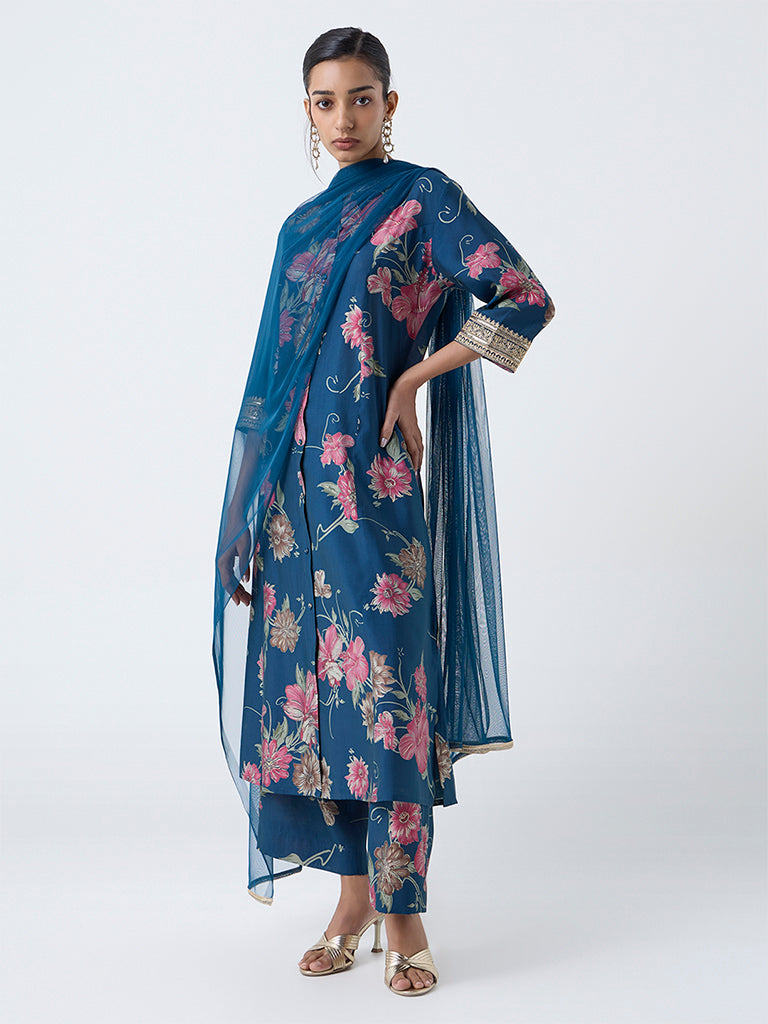 Vark Blue Floral Pattern A-Line Ethnic Set