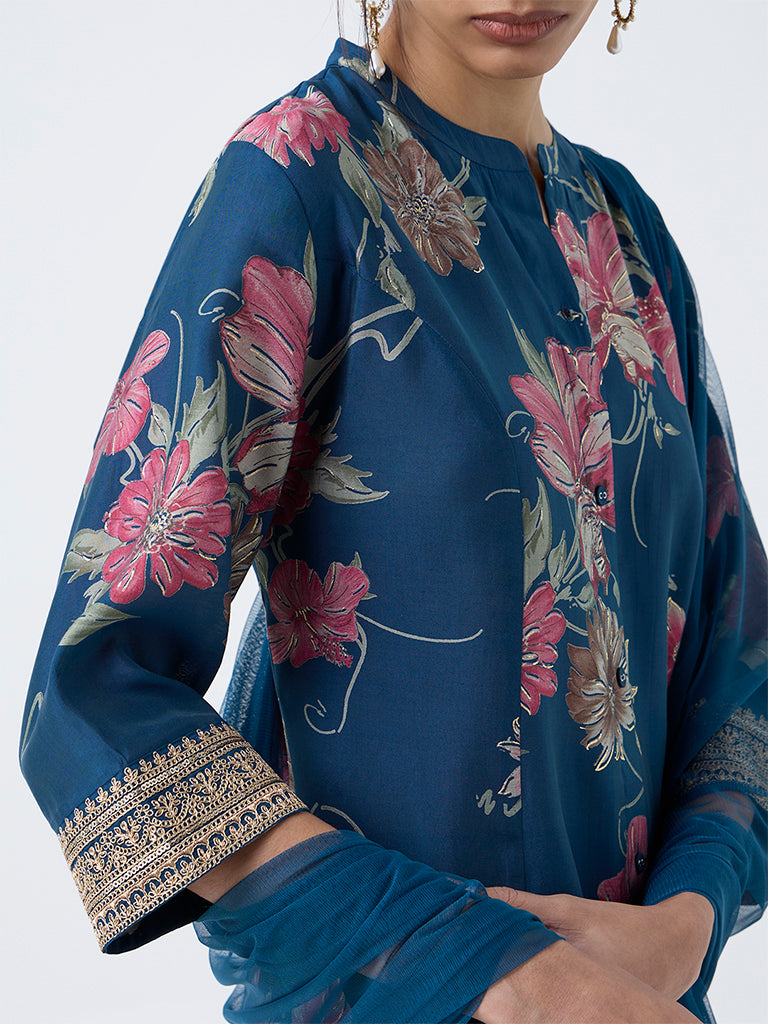 Vark Blue Floral Pattern A-Line Ethnic Set