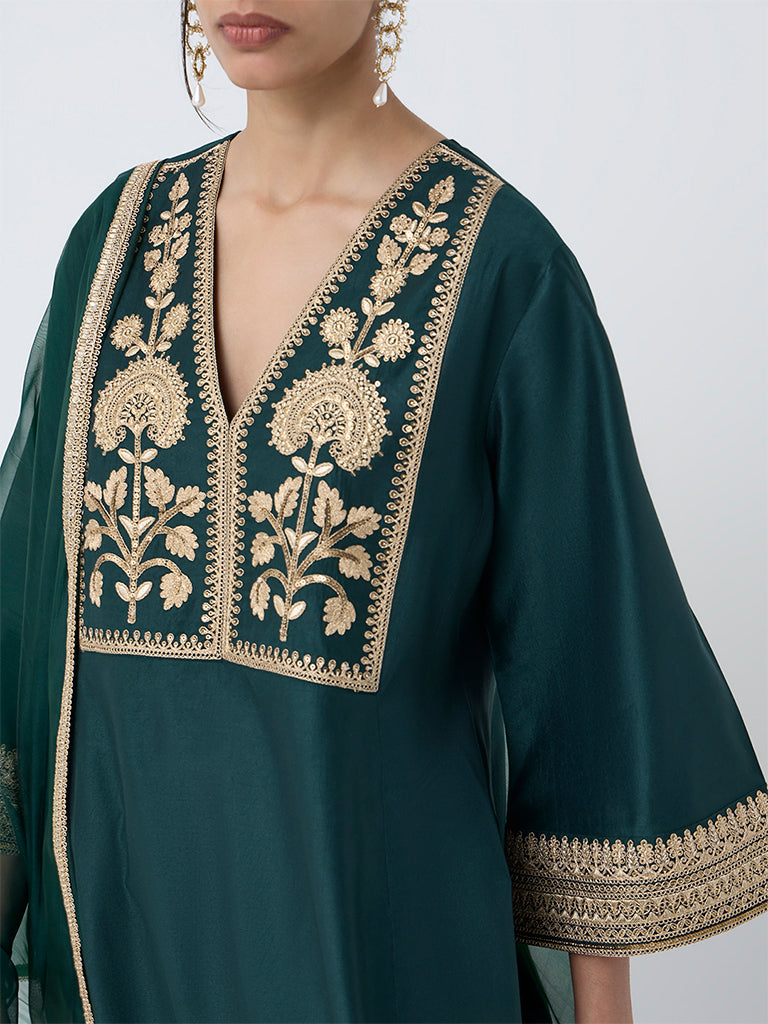 Vark Dark Green Garwal Embroidered A-Line Ethnic Set