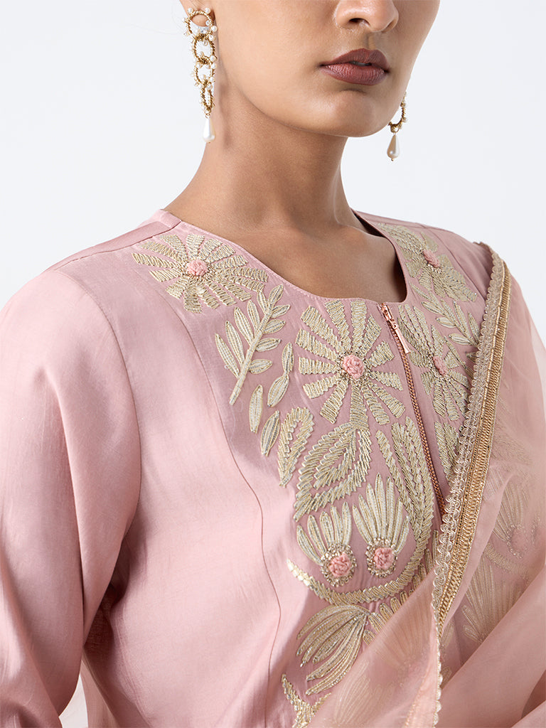 Vark Blush Pink Floral Embroidered A-Line Cotton-Blend Ethnic Set