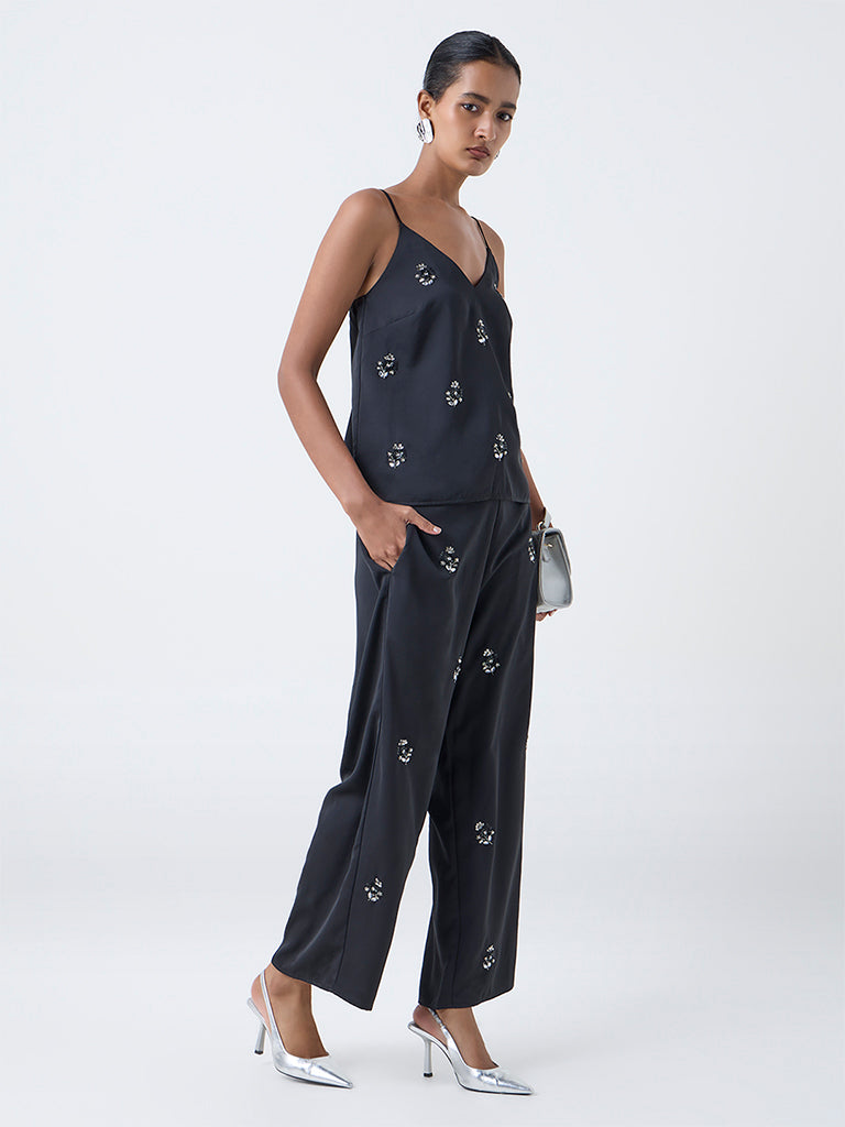 Vark Black Sequin Embellished Top and Pants Set