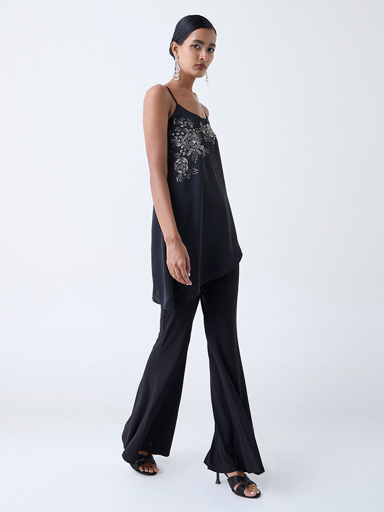 Vark Black Floral Embellished Asymmetrical Top