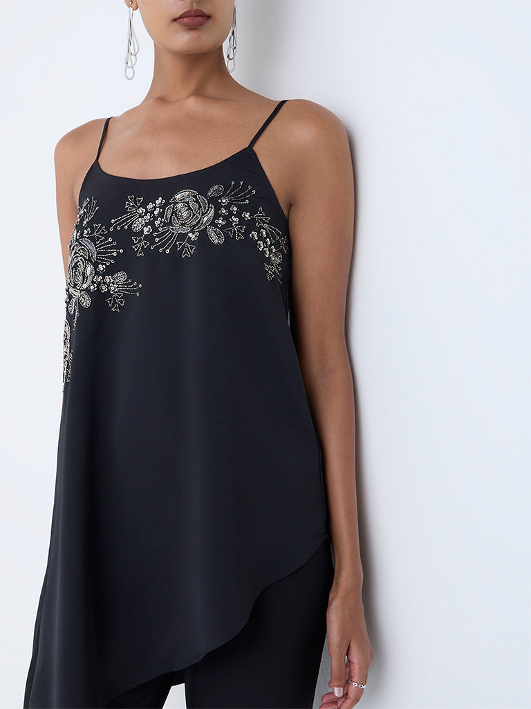 Vark Black Floral Embellished Asymmetrical Top