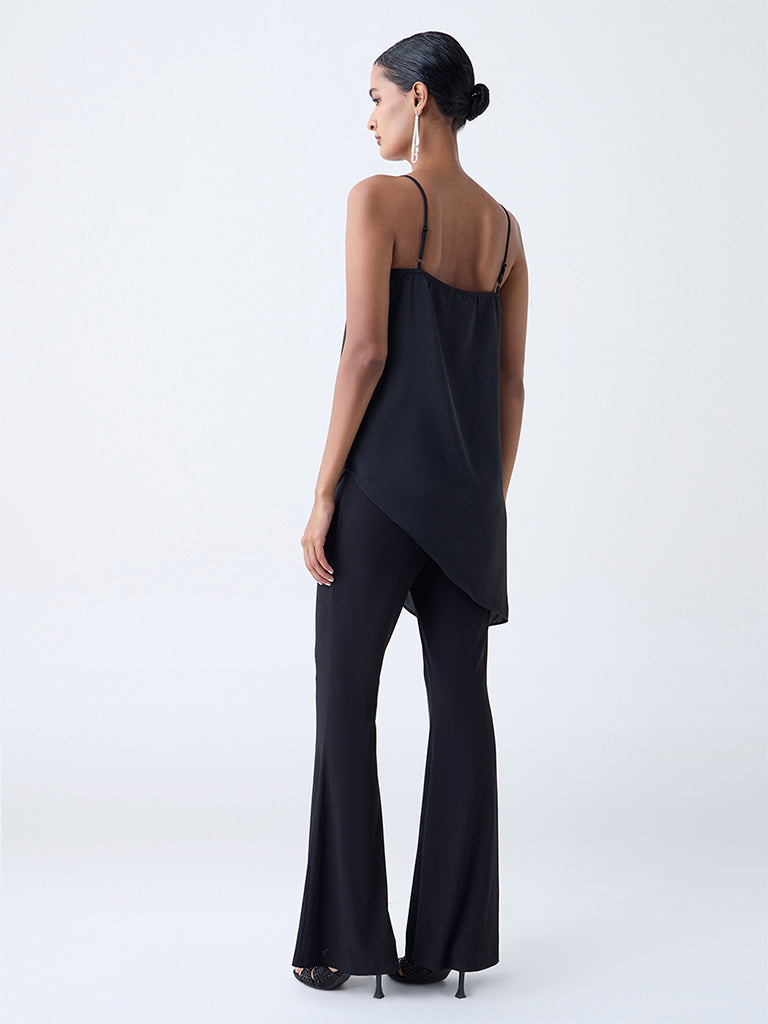 Vark Black Floral Embellished Asymmetrical Top