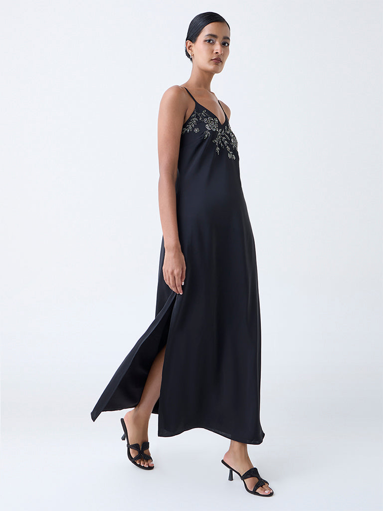 Vark Black Floral Embellished A-Line Dress