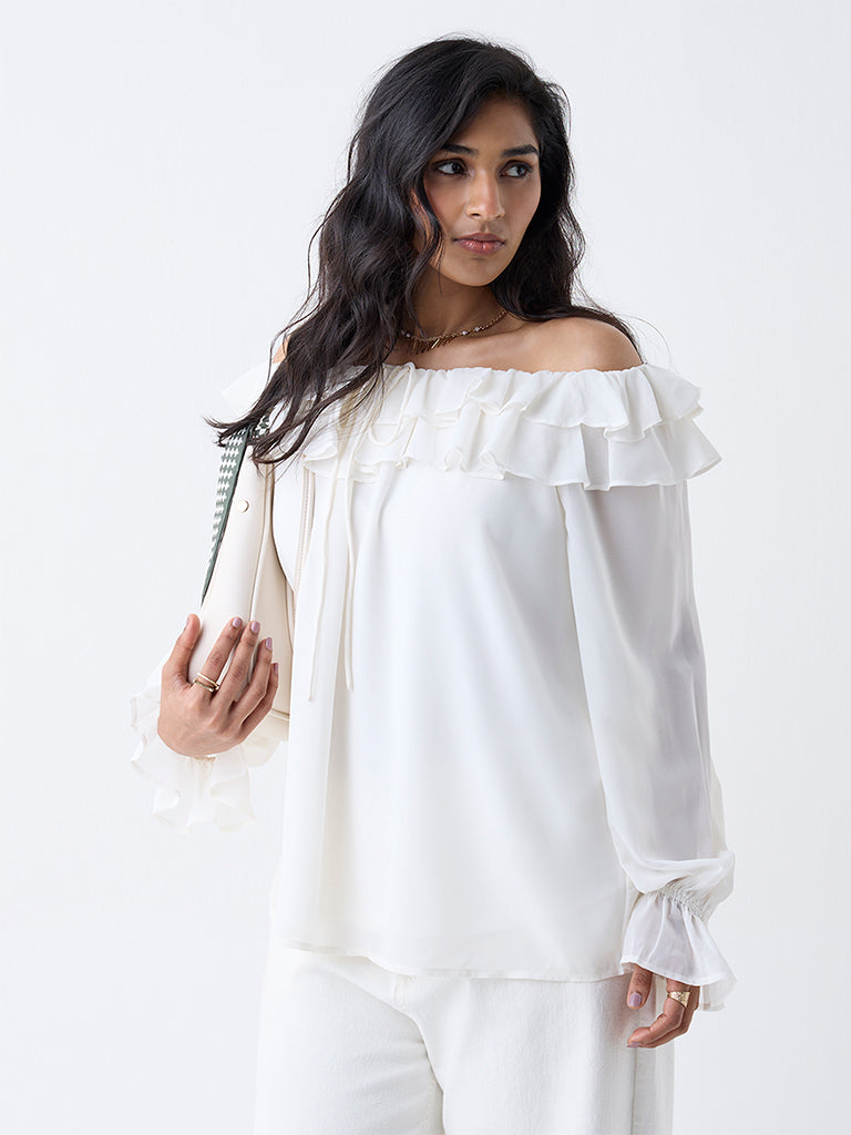 Gia Cream Solid Off-Shoulder Top
