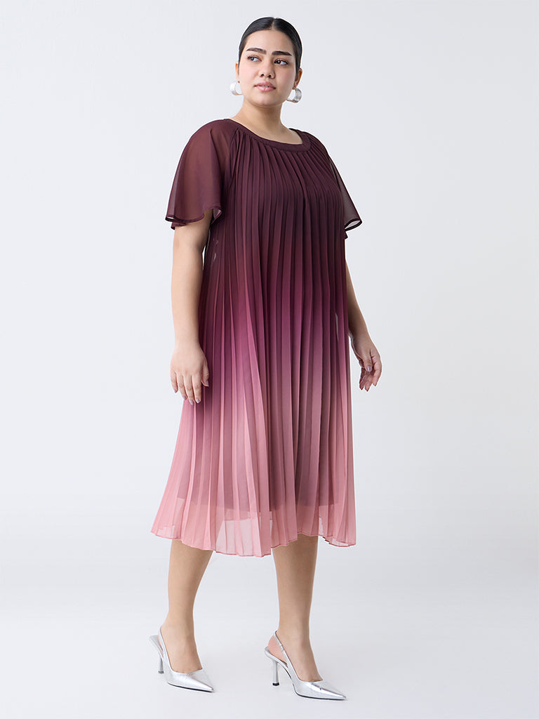 Gia Burgundy Ombre-Finish Accordian A-Line Dress