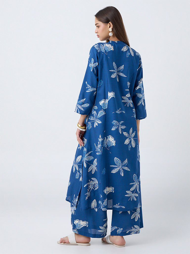 Utsa Blue Floral Printed A-Line Kurta