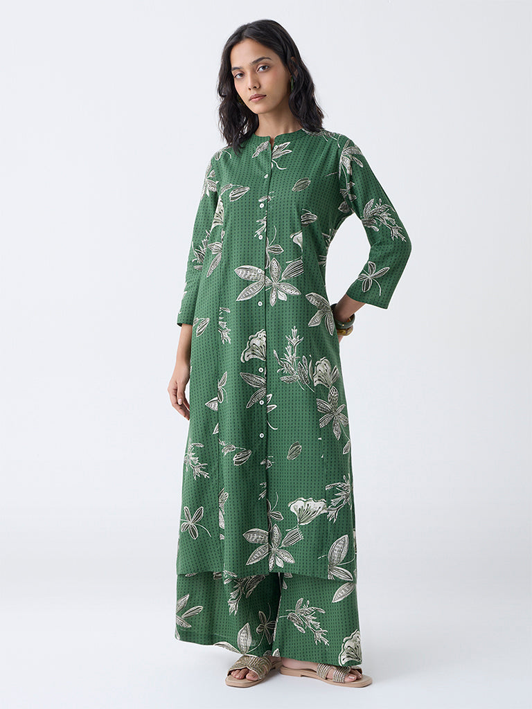 Utsa Green Botanical Printed Cotton-Blend A-Line Kurta